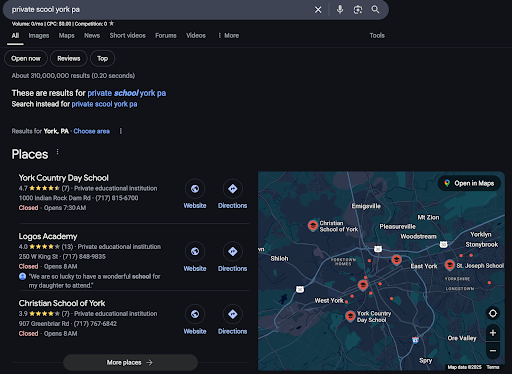 York Country Day School ranked #1 in Google Maps after local SEO by VujaDay
