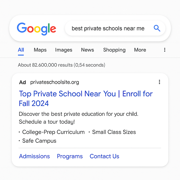 Example of a Google ad for private schools targeting families searching for enrollment options