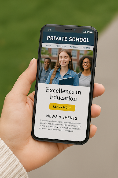 Hand holding smartphone displaying optimized private school website with fast loading and mobile-friendly design