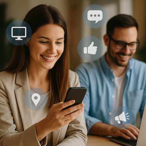Young professionals using digital devices surrounded by marketing icons representing an omnichannel strategy for private schools