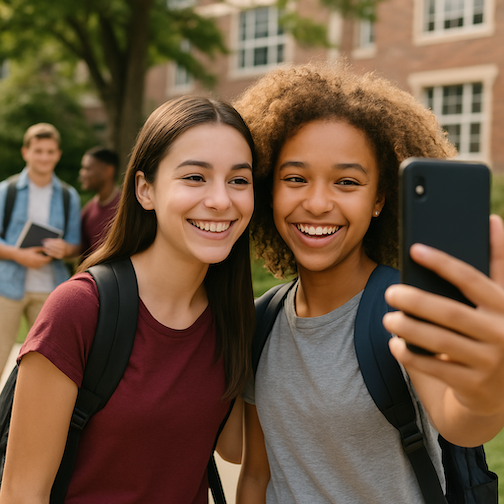 Private school students taking a selfie to showcase school culture for social media marketing