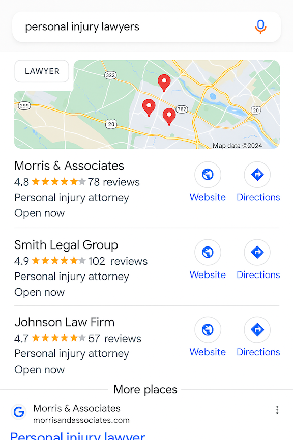 Google map pack showing local personal injury law firms