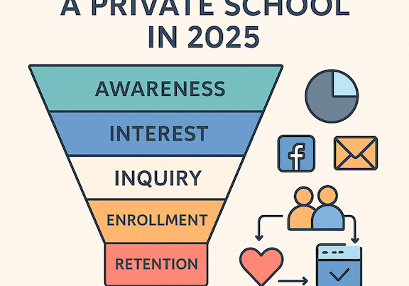 Marketing funnel for private schools showing awareness to retention stages with digital icons