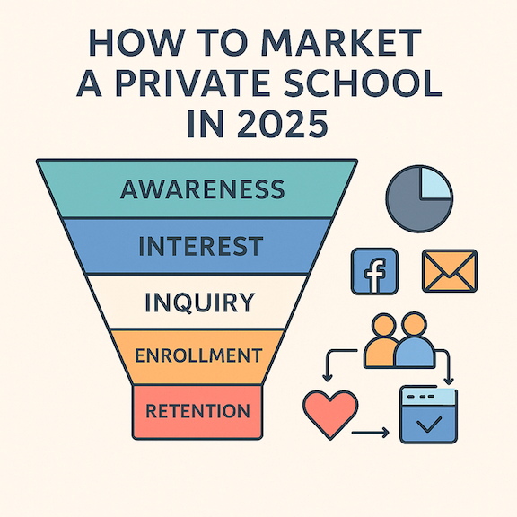 Marketing funnel for private schools showing awareness to retention stages with digital icons