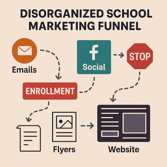 Disorganized school marketing funnel showing lack of strategy